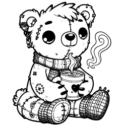 Teddybear in a scarf and warm socks holding a hot beverage