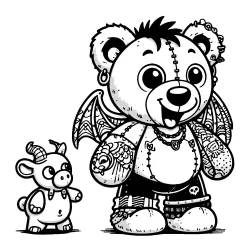 A teddy bear gargoyle and his little pig gargoyle friend. The bear is wearing jeans and has a black tuft of hair and wings.