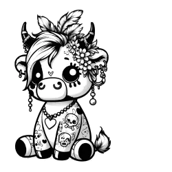 Darkling cow with skull tattoos, flowers and feathers in her hair.