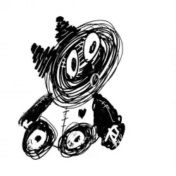 A monster toy creature made out of scribbles but wearing a heart jacket.