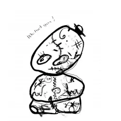 A delapidated creature with stitches on her skull, a tiny tuft of hair and a sloppy outfit.