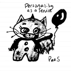 Personality as a Service. A cat with a big smile, a horn on it's head, and a balloon.