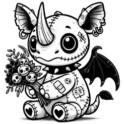 Rhino Gargoyle holding a bouquet of flowers that have little skulls on them and he has some bandages and little heart tattoos on his feet.
