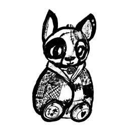 Stitched dog wrapped up in a patchwork blanket.
