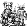 A family of toys that include a robot and various whimsical stuffed animals.