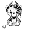 Amigurumi Beargoyle with a bow in her hair, earrings and horns, and little skull on the floor