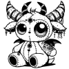 A Cute gargoyle with big eyes, an arm tattooed sleeve, and striped horns.