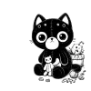 Black stitched cat, "Buttons", and his white toy stitched cat