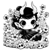 Girl Gargoyle in a field of flowers and skulls #1203
