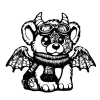 Gargoyle dog with horns, lacy wings, goggles and a scarf.