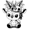 LIttle stitched deer with a hat made from skulls and feathers. The skull hat has horns on it.