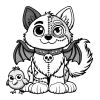 Stitched dog with wings and a skull dog tag and his bird homie.