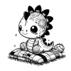 Baby spiky dinosaur sitting on a quilt with a little smile on their face.