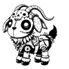 Patchwork goat wearing a skull on his head