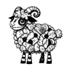 Whimsical striped and patched sheep with horns.