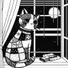 Patchwork cat looking out of a window at night, art page
