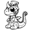 Stitched dapper dino with a top hat, goggles, a horn on his head, a full piece suit and a bow tie