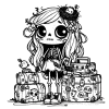 Skellie traveler with luggage, and a bird nest in her long hair.