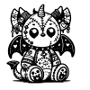 A gargoyle with happy faces on it's feet, big decorated ears, and horns with leather straps. Their wings are covered in hearts and they are wearing a spiked collar.