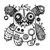 Crazy-looking gremlin covered in holes and buttons.