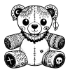 Decorated teddy bear with a cowrie shell earring, and several bands of African diasporic and boho/folk inspired tattoo.