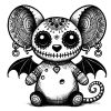 Tattooed mouse gargoyle with a stitched smile and swiss cheese holes on his belly. 