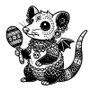 Decorated rat with gargoyle wings, a maraca and a skull necklace. 
