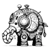 A mechanical elephant with a little camera on top and a leaf tale