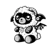 A black and white fluffy gargoyle sheep with a some buttons including a button shaped like a bunny. It has bat wings.