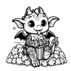 A gargoyle holding a remote control and sitting on a pile of popcorn as they are eating it with their tongue hanging out.