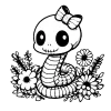 A skellie snake with a little bow on her head in a patch of flowers.