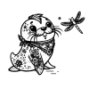 A tattoed walrus with a bandana looking at it's cute dragon fly friend.