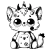 Black and white illustration of a cat gargoyle stuffed animal with a chicken tattoo and horns #0050