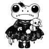 Gothy frog in a black lacy dress holding their little white fluffy dog.