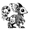 A masked rat with large pierced ears and a striped tail. It has five legs and ornaments hanging from it.