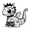 Dracosaur dinosaur dragon gargoyle creature with a stitched heart on it's head, stappy boots, some tattoos on it's body and tail.