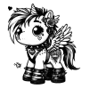 A flying unicorn pony with spiky choker necklace, little heart tattoo under her eye. a rose in her ear, and strappy shoes. She also has a fancy heart tattoo on her back.