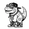 Cool T-rex with chucks and a backwards hat, sun goggles and a chain necklace with a gear on it.