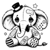 A coloring book page of a sad elephant clown with some bandaids, one of which is shaped like a peanut. It has a top hat and star tattoos.