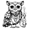Bohemian owl with a skull necklace and a mouse friend holding up a little decorated skull.
