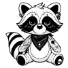 A cheeky racoon outlaw wearing a bandana around it's neck, flower tattoos on it's arms and a skull design on the bad of it's left foot.