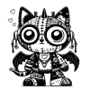Metallic cat gargoyle unicorn with cool shoes and headphones, a skull necklace and hearts.