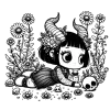 Girlish gargoyle in a field of flowers and skulls #1306
