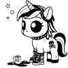 Beargoyle pony with spilled coffee and a little skull and cross bones tattoo, spiked collar, and combat boots.