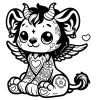 Lion gargoyle with horns, angel wings and tattoos all over including a heart.