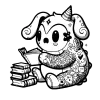 An unknown creature with tattoos and a horn reading books