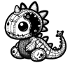 Coloring page of an amigurumi dinosaur with skulls on it's feet, horns and a patch on the side of it's face.