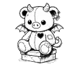 A simple illustration of a stuffed teddy bear gargoyle, beargoyle, sitting on a stone slab. He has a heart tattoo, a patched arm and a bandaged foot, wings, horns and a devil tail. He also has a pig nose.