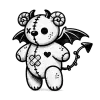 Colorable illustration of a teddy bear with large stitching, horns, curly ears, wings and a devil tail. It has an x an o for eyes, a heart tattoo and bandages on it's tummy.