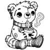 Teddybear in a scarf and warm socks holding a hot beverage